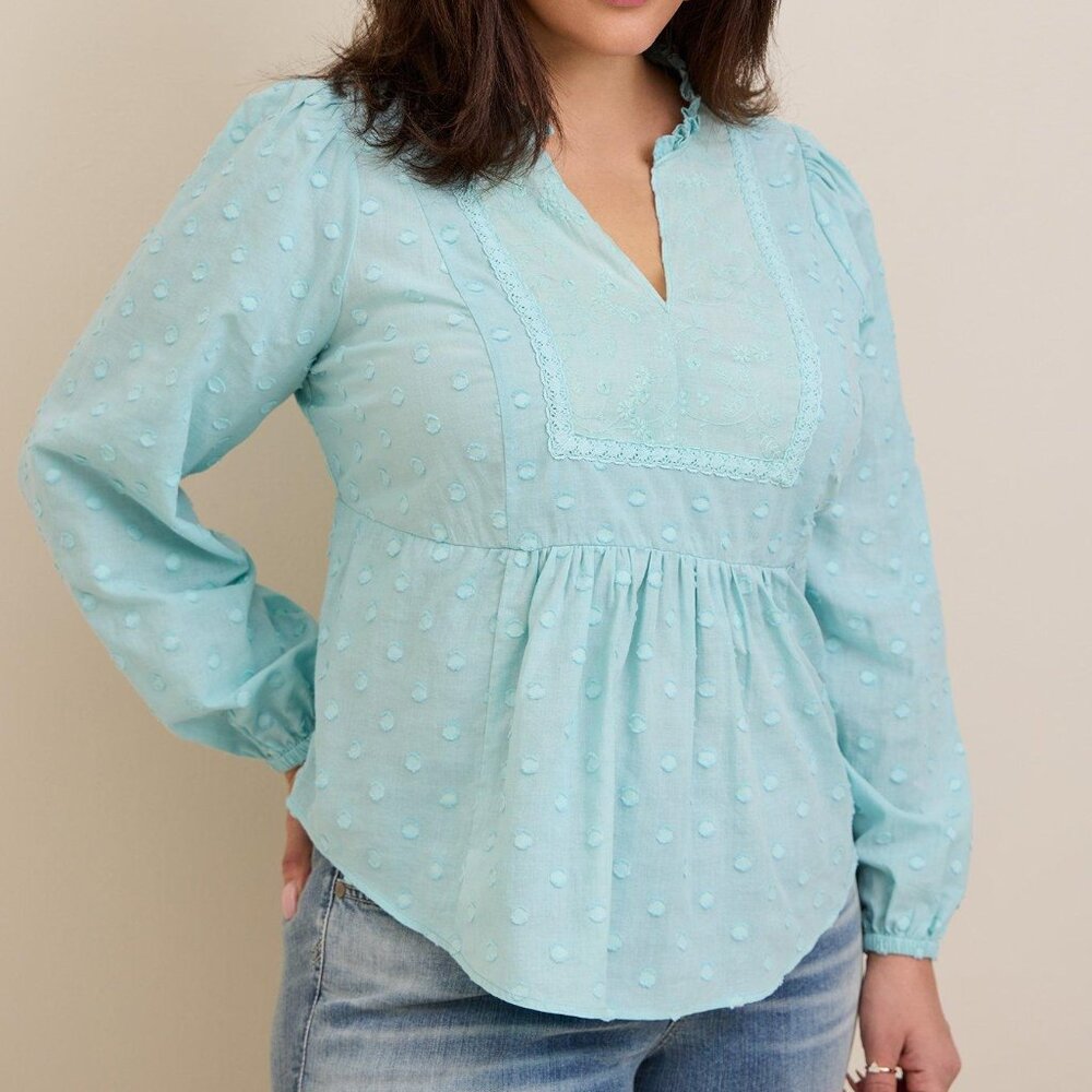 Torrid Clip Dot Mixed Eyelet Yoke Detail Top Light Blue/Mint